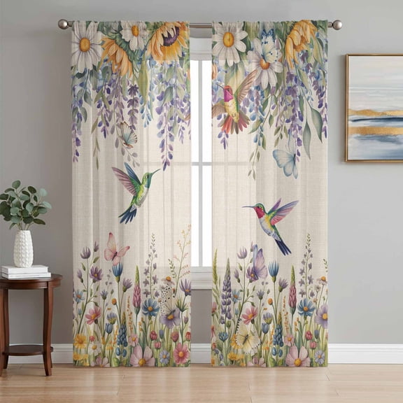 Spring Floral Sheer Curtains 96 Inch Length 2 Panels Set, Daisy Sunflowers Wisteria Hummingbird Beige Voile Window Treatment Semi Sheer Long Curtains Drapes for Bedroom/Living Room/Kitchen 52"x96"x2