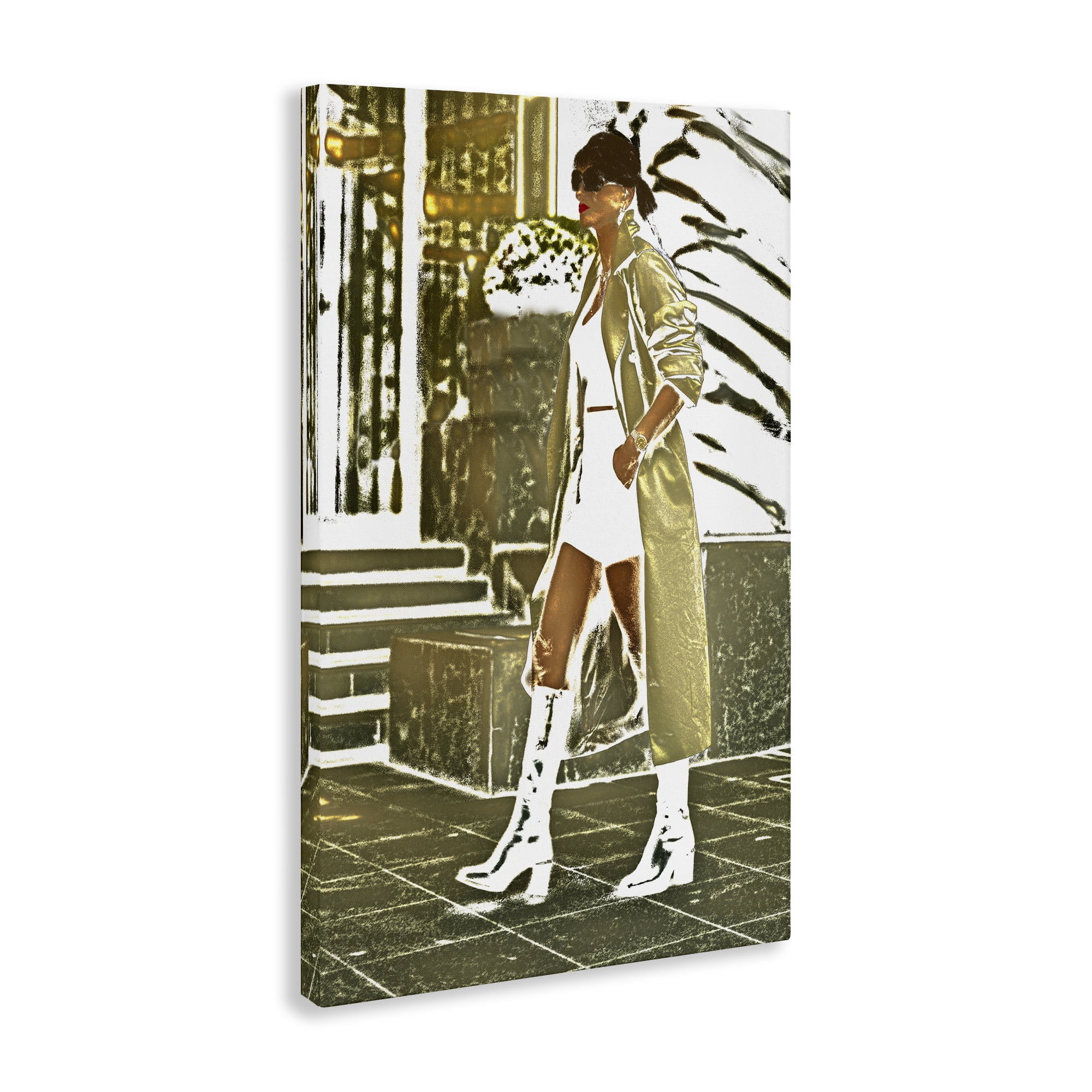 Stupell Industries Girl in Gold Trenchcoat People Painting Wrapped Canvas Art Print Wall Art, 30 x 45