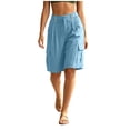 thumbnail image 2 of Linen Cotton Outdoor Shorts For Women Summer Pocket Wide Leg Knee Length Solid Hiking Travel Outdoor Casual Walking Weekend Style Daily Outfit Ready Light Blue M, 2 of 7