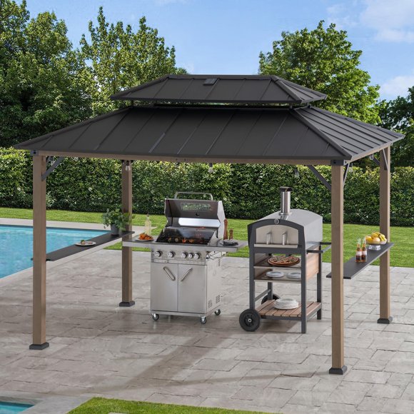 Sunjoy Wooden Grill Gazebo 8ft. x 12 ft. Steel Hardtop Gazebo with Solar Power,Outdoor Cooking Shelter for Backyard BBQs Party, Brown
