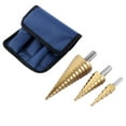 thumbnail image 1 of Juego de 3 brocas cónicas escalonadas de acero HSS grandes, cortador de agujeros, bolsa de almacenamiento azul, 1 of 10