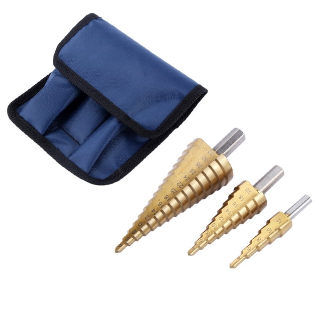 Juego de 3 brocas cónicas escalonadas de acero HSS grandes, cortador de agujeros, bolsa de almacenamiento azul