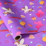Unicorn Birthday Wrapping Paper Roll - 17" x 16.4 ft - Purple Magical Horse Gift Wrap for Girls Birthday Party(Unicorn)