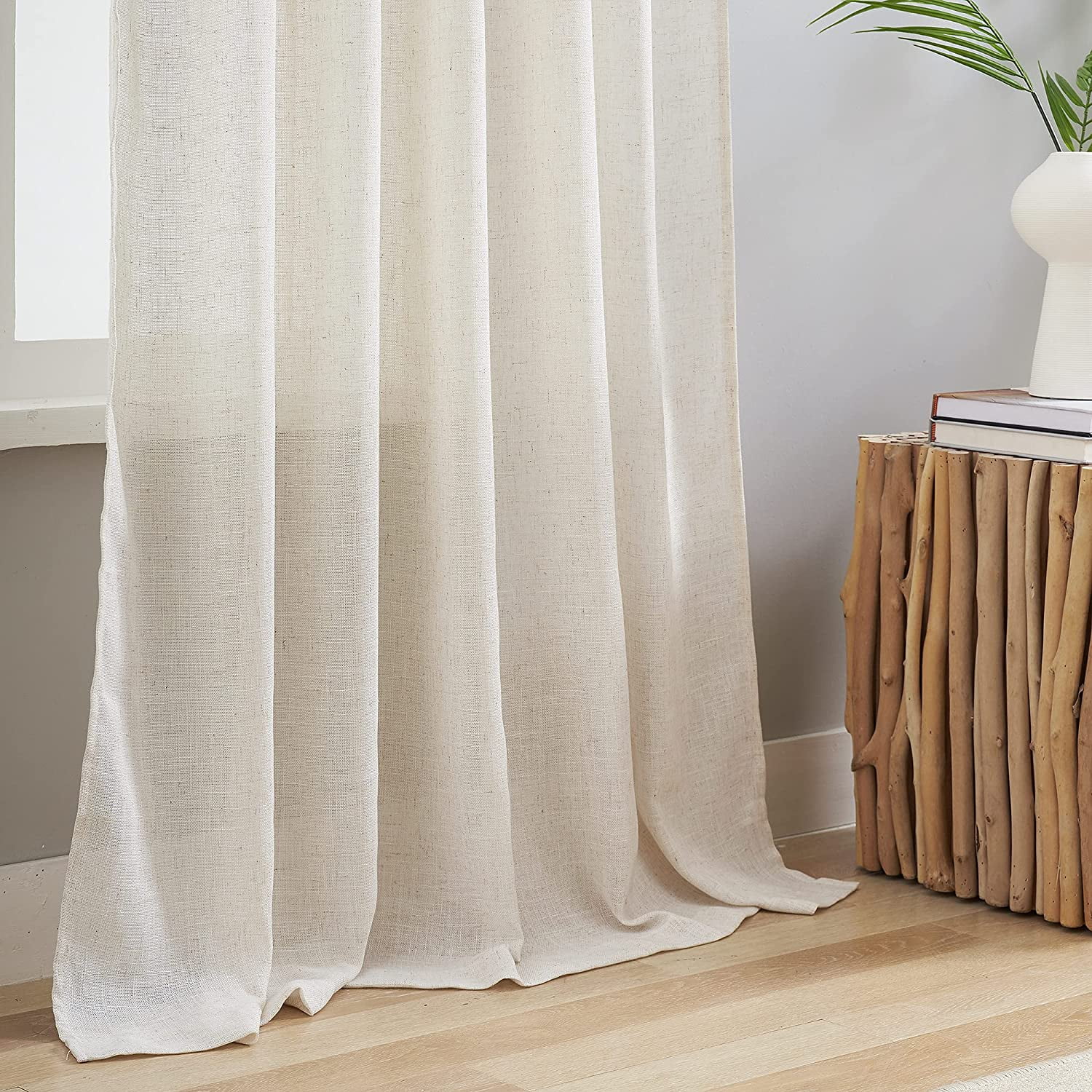 Bailu Natural Linen Semi Sheer Curtains Tab Top Light Filtering Elegant Curtains & Drapes for Bedroom 52 x 108 Inch Length, Set of 2 Panels