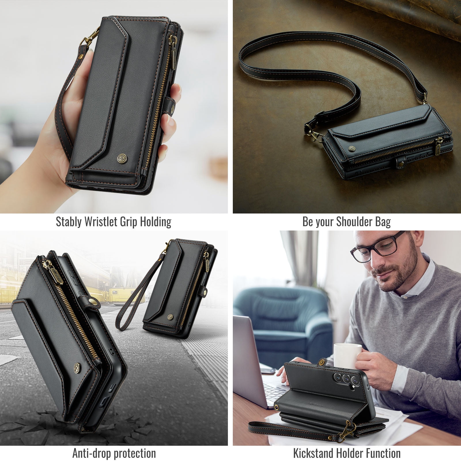 for Samsung Galaxy S24 Full Body Protection Wallet Folio Flip Case, Shoulder Strap & Wristlet Card Slots Zipper Pocket RFID Blocking Rugged Durable PU Leather Phone Case Cover, Black