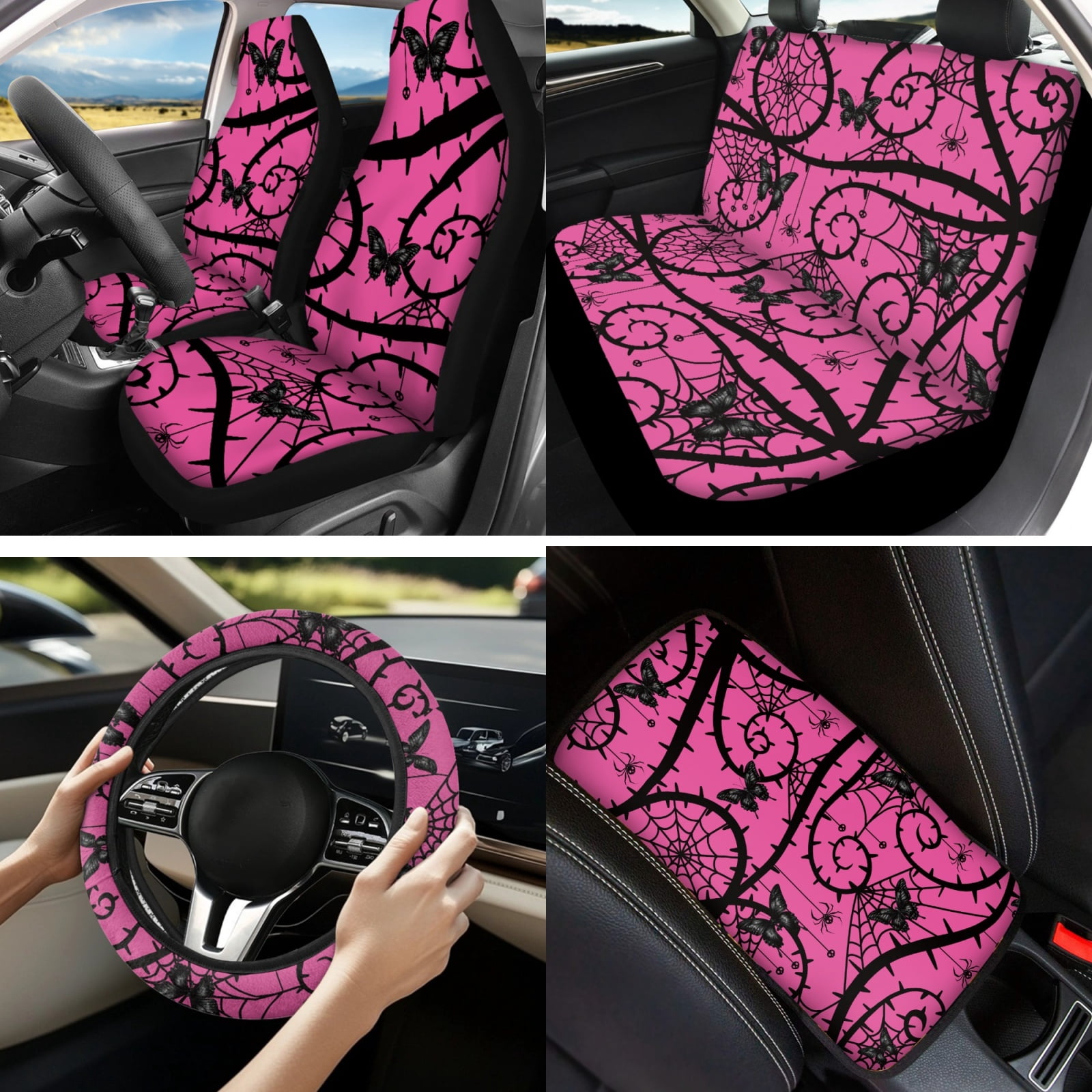 Yuyamidu Pink Gothic Auto Seat Cover Full Set 13 PCS Car Accessories Set Butterfly Steering Wheel Cover Armrest Cover Seatbelt Shoulder Pad Cup Mat Lip Gloss Holder Key Ring