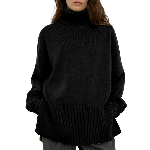 Suéter de cuello alto para mujer, otoño invierno, color sólido, tejido dividido, cuello alto, suelto, manga larga, poliéster