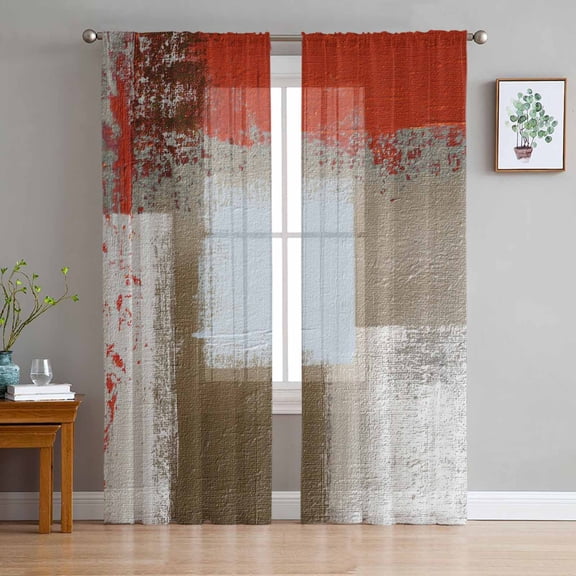 ERUNPONLY Red Brown Sheer Curtains 96 Inch Length 2 Panels Set, Blue White Modern Rustic Neutral Graffiti Art Voile Window Treatment Sheer Long Curtains for Bedroom/Living Room/Kitchen 52"x96"x2