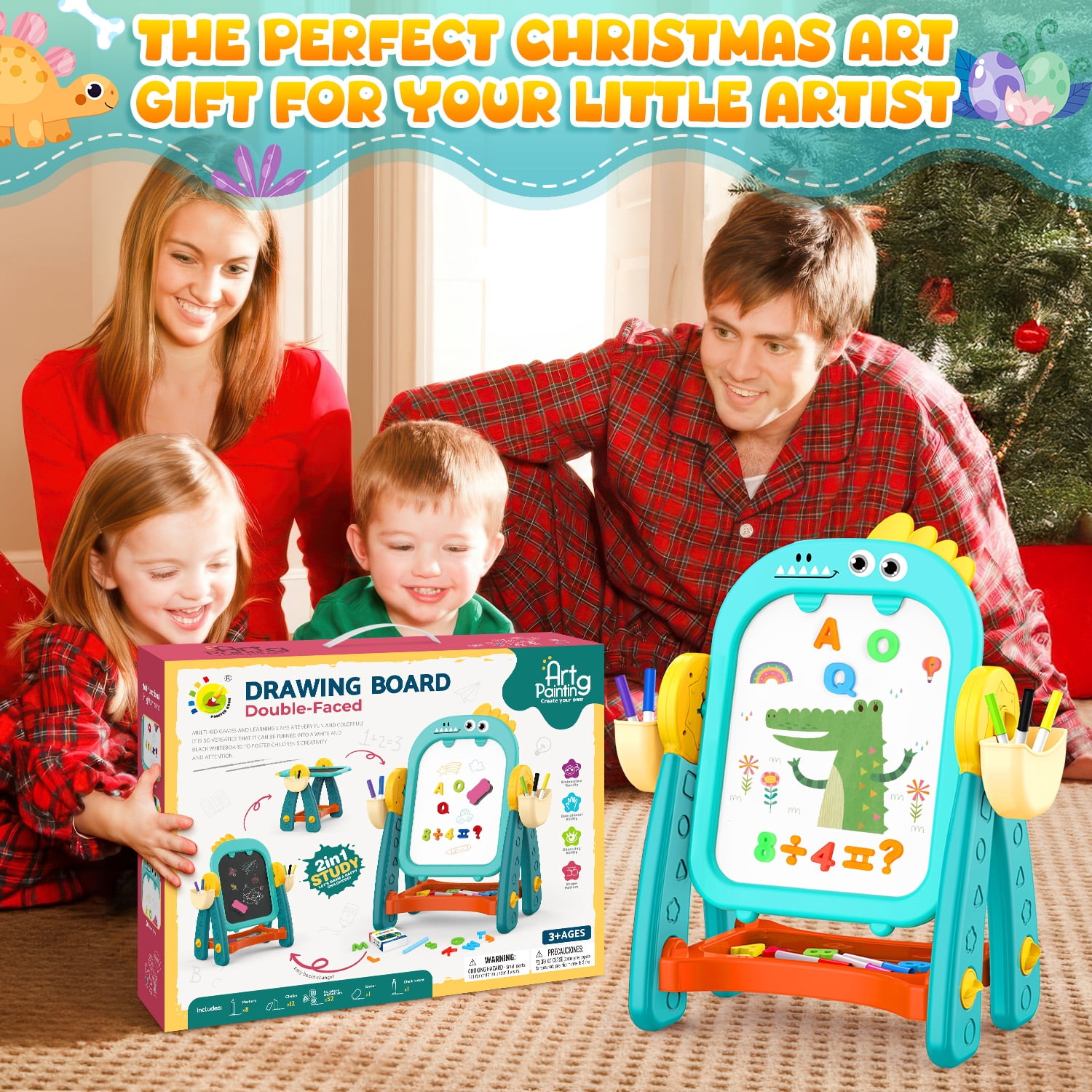 Huge Wave Dinosaur Easel for Kids, Double Sided Chalkboard and Whiteboard, Learning Board Games, Christmas Birthday Gift for Boys Girls Age 2-6 Years Old