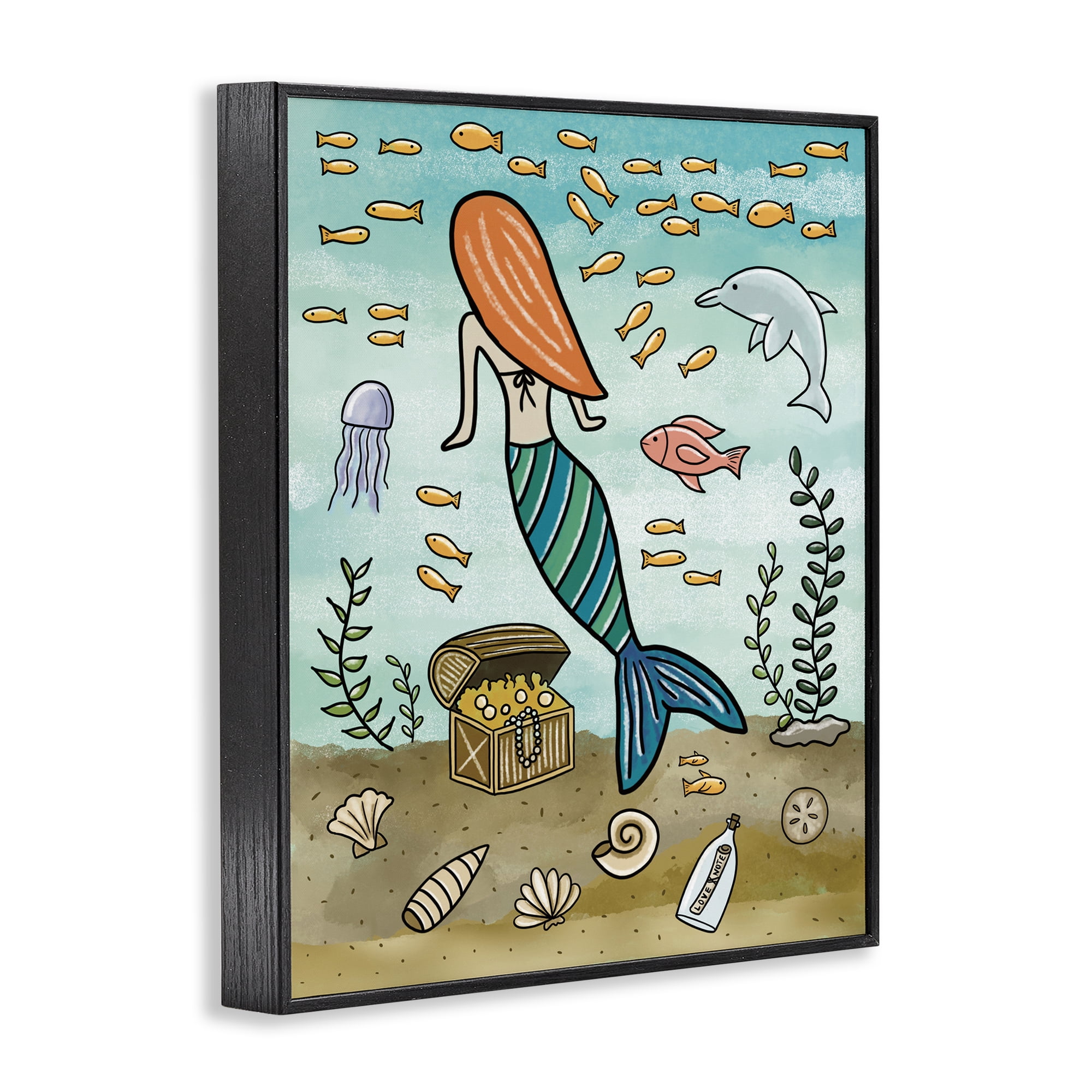 Mermaid Treasure Love Note Black Framed Giclee Art, design by Jennifer Stith