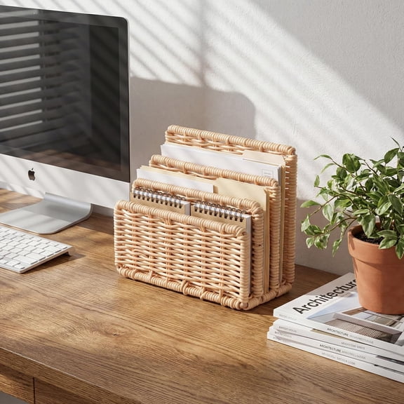 Rattan Mail Organizer for Desk Mail Holder Countertop with 3 Slot Rattan Letter Sorter File Holder Envelope Book Stand Farmhouse Office Desk Organizer and Storage Accessories$$Office