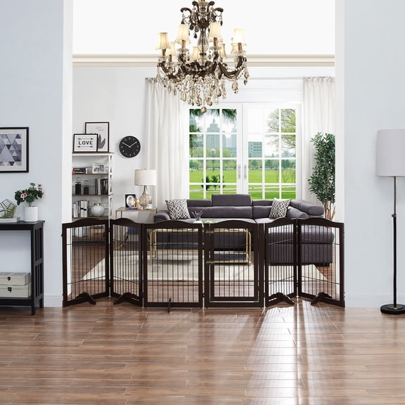 Unipaws Wide Pet Gate, Freestanding Pet Playpen, 6 Panels Dog Gate, Espresso