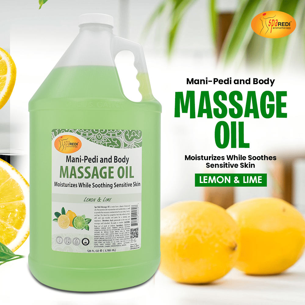 SPA REDI - Massage Oil, Lemon and Lime, 128 Oz - Professional Pedicure, Manicure, Full Body Massage Therapy, with Almond Oil, Cotton Seed Oil, Sunflower Oil, Avocado Oil, Essential Oils, Vitamin E