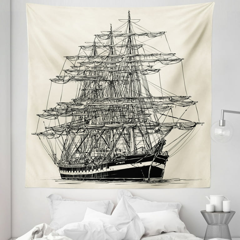 Pirate Ship Tapestry, Sailing Boat Detailed Illustration Nautical