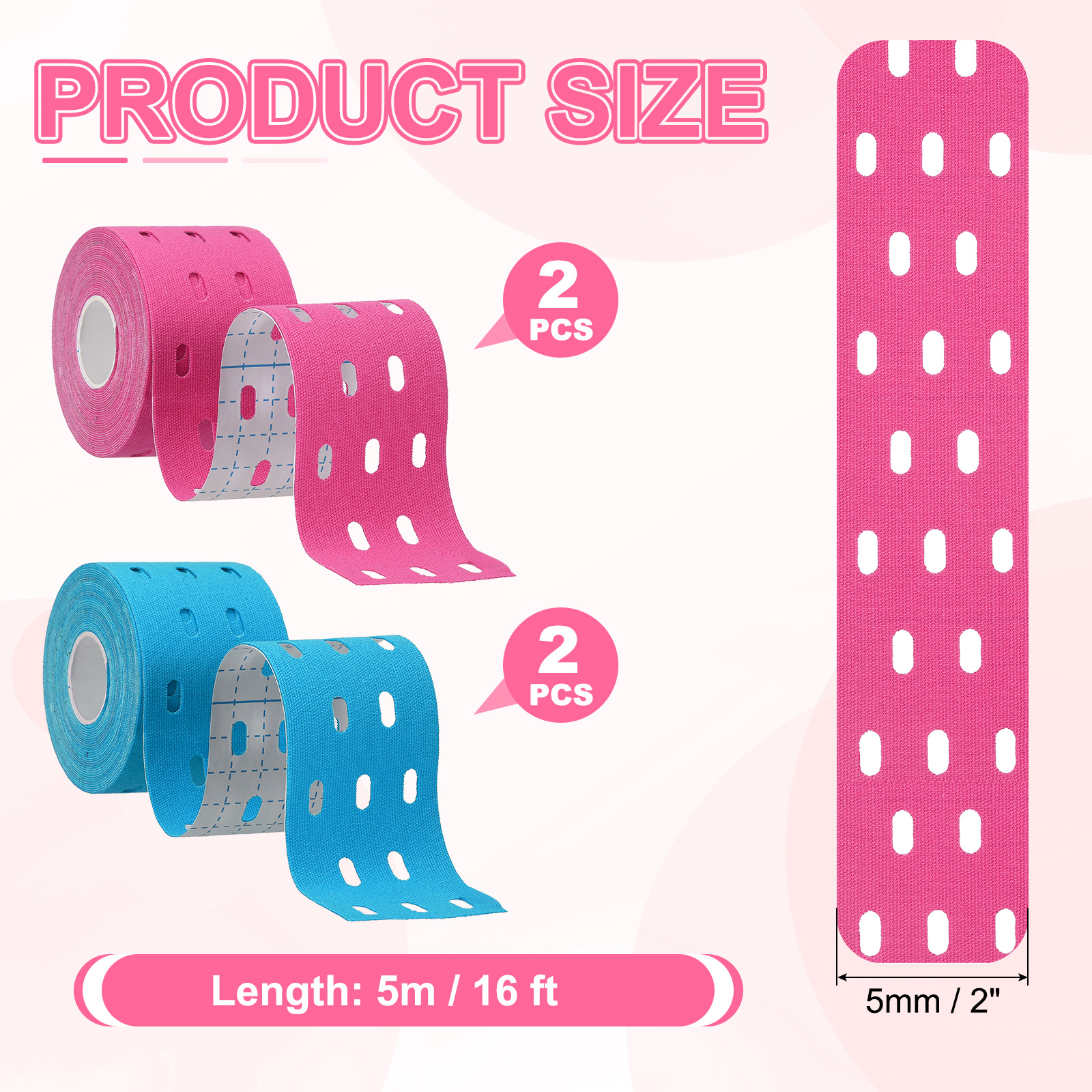 Uxcell 2" x 16 ft Kinesiology Tape Breathable, Kinesiology Recovery Tapes for Muscle Support, Pink/Blue