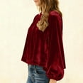 thumbnail image 4 of FAIWAD Women's Velvet Tops Puff Long Sleeve Dressy Velour Blouse Pleated Smocked Casual Work Shirts, 4 of 9