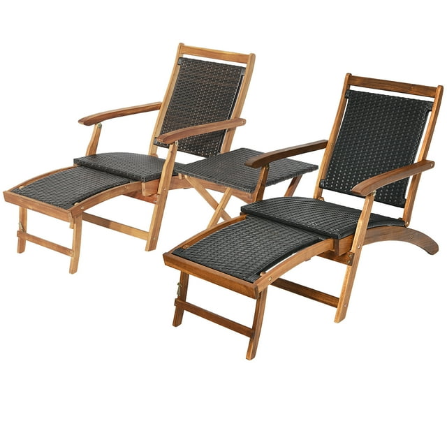 Gymax Ensemble de 3 Chaises Longues de Patio avec Table d'Appoint, Conception à Pliage Rapide, Ottoman, Extérieur