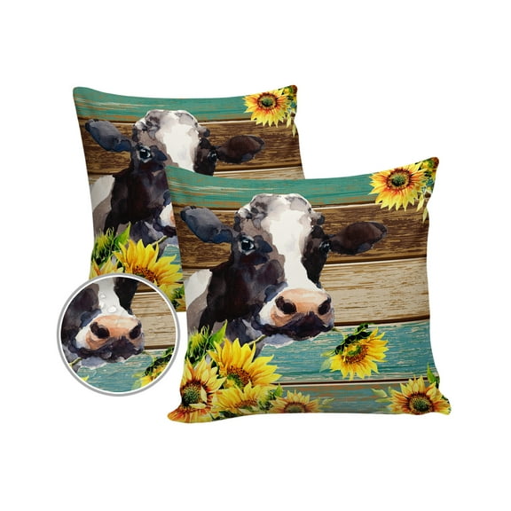 Pack of 2 Outdoor Pillow Covers, Farm Cow Sunflower Retro Wood Waterproof Square Throw Pillowcase Cushion Decorative Pillow Covers for Couch Patio Tent, 26x26 in