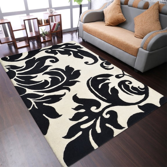 Rugsotic Carpets Hand Tufted Wool Eco-Friendly 3'x5' Area Rugs Rectangle Cream Black Floral Modern High Pile Thick Handmade Anti Skid Indoor Rug for Living Room, Bedroom K00203