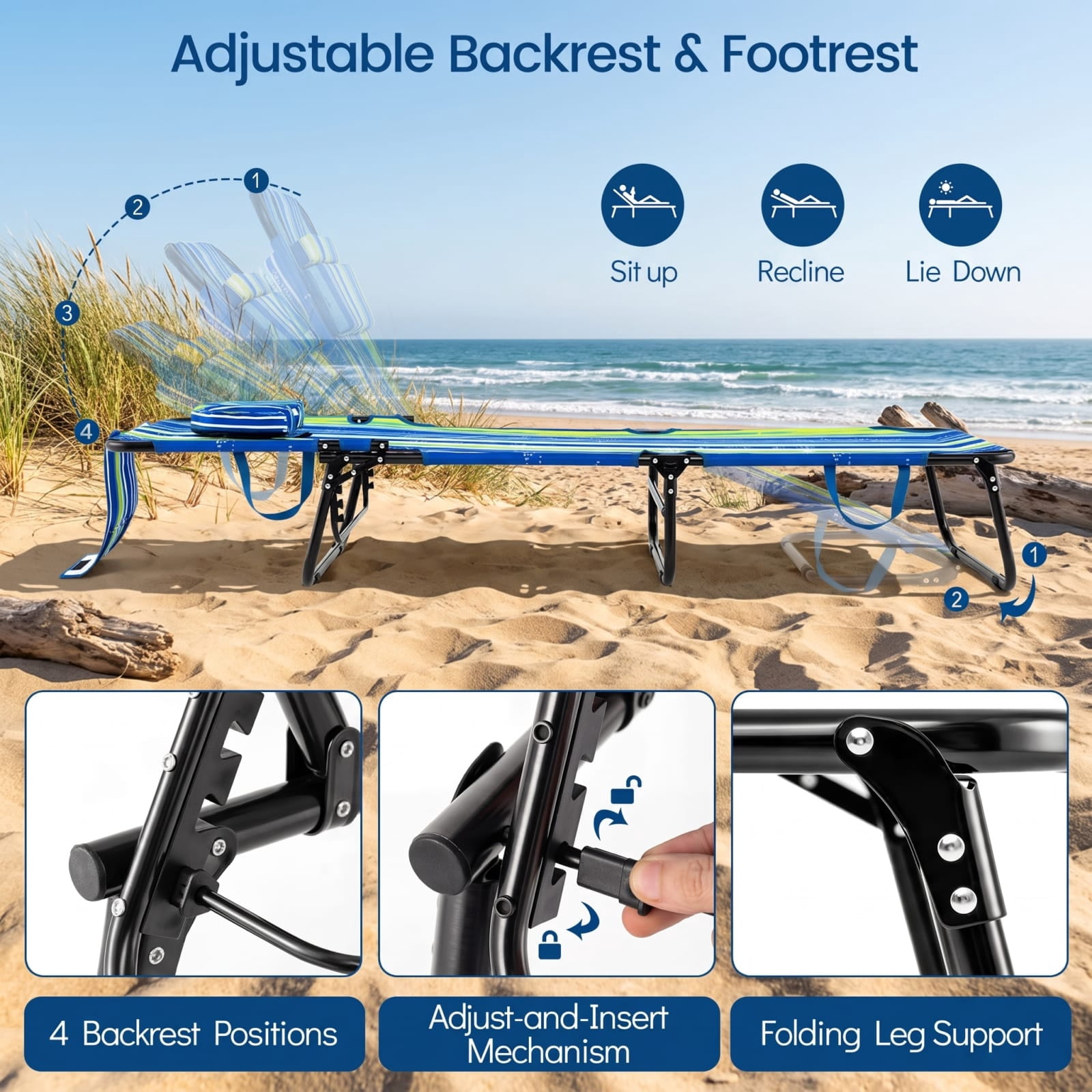 Furnibear Folding Patio Chair Solid Metal for Outdoor Garden Balcony Blue Stripe 330 lbs Capacity Weather-Resistant Outdoor Furniture