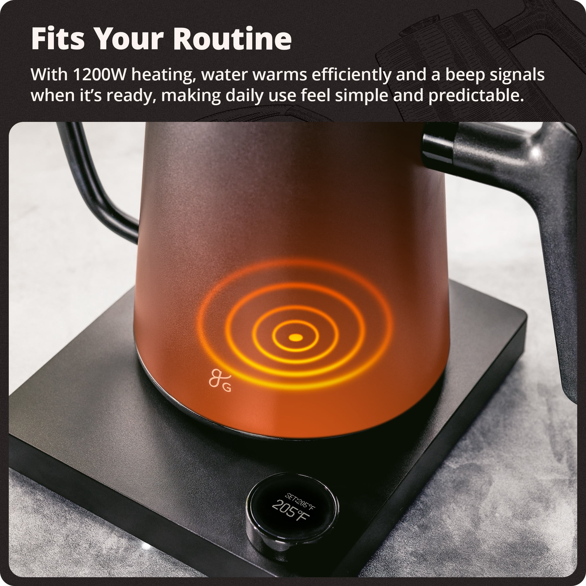 Greater Goods 0.8L Electric Gooseneck Kettle, Variable Temp Control, 1200W Fast Boil, Pour Over Coffee & Tea Kettle, Stainless Steel, BPA Free, Onyx Black