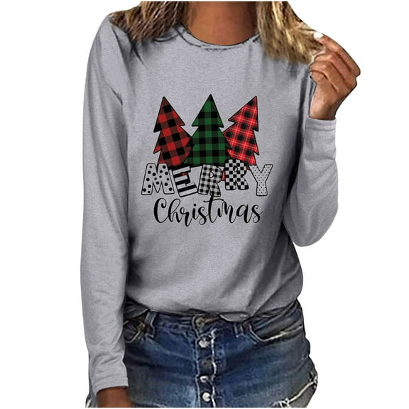 Odeerbi Christmas Tops For Women Long Sleeve Blouses MERRY CHRISTMAS Plaid Print 2025 Casual Round Neck T-shirt Gray