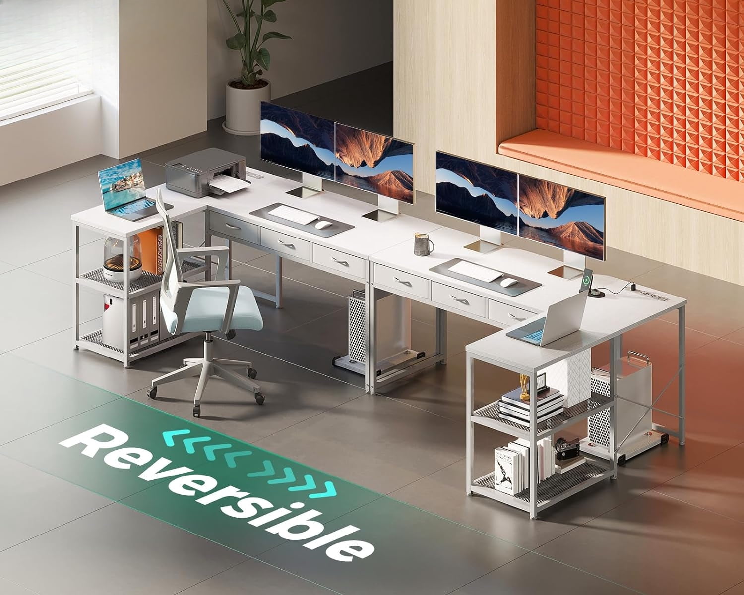 53 Inch L Shaped Computer Desk with Drawers, Power & Reversible Storage Shelves, White