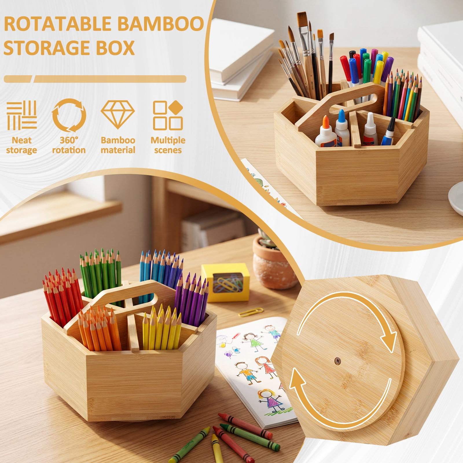 FYJUCPA Bamboo Rotating Pen Holder, Versatile Hexagon Desktop Pencil Organizer with 6 Compartments and Handle, Crayon Marker Holder for Pencil Pen and Paint Brush