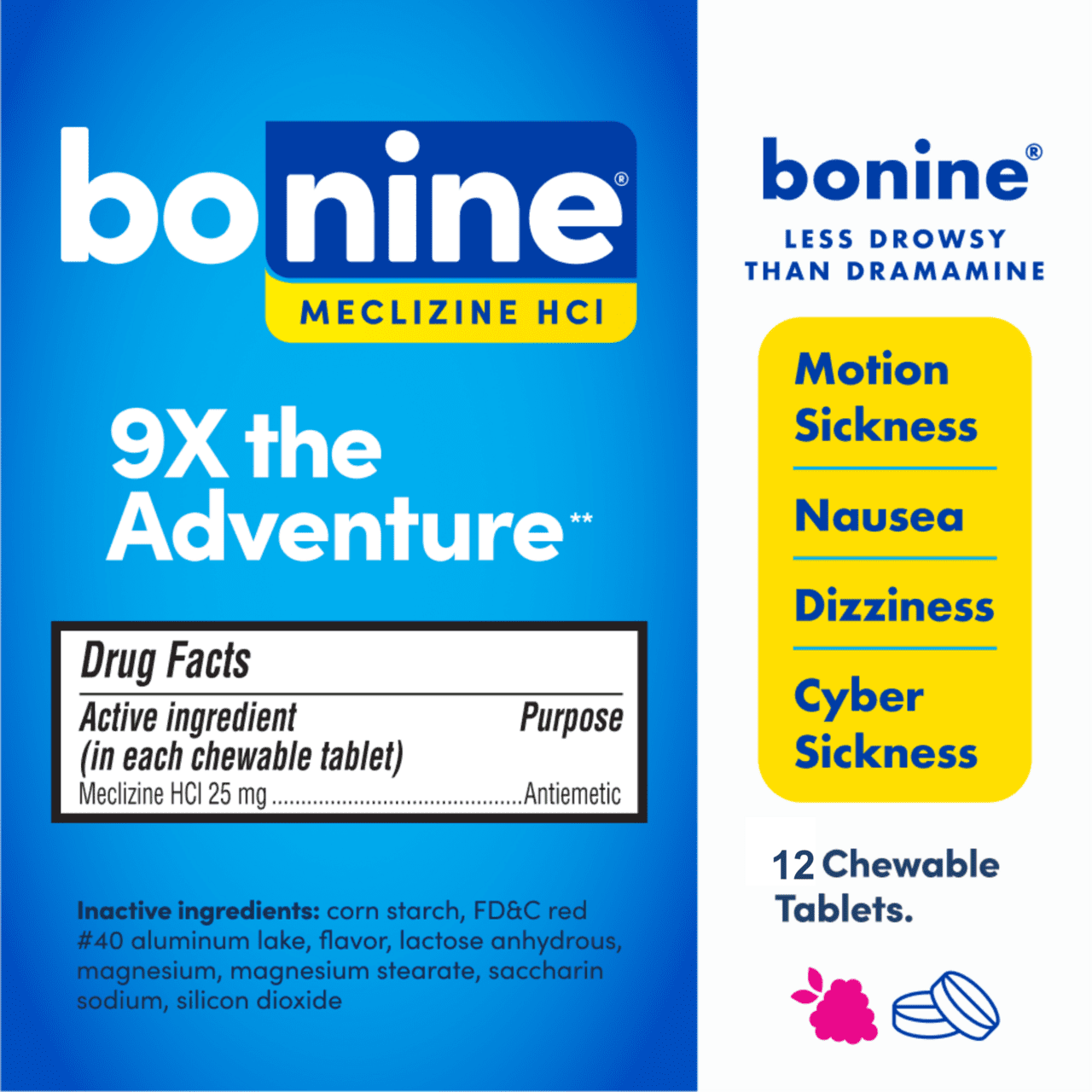 (3 pack) Bonine Raspberry Chewable Motion Sickness Relief Tablets, 12 Count