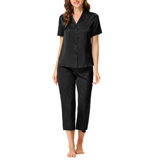 INSPIRAR CHIC Conjuntos de Pijamas de Satén para Mujeres, Camisetas de Manga Corta con Pantalones Capri, 2 Piezas, Ropa de Casa, M Negro
