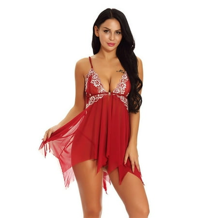 

Linen Purity Women Lingerie Lace Babydoll V Neck Sexy Breather Sleepwear Strap Mesh Chemise with G-string