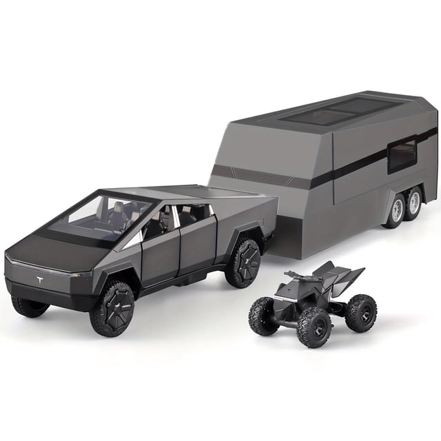 1/32 scale silver tesla cybertruck diecast model toy - alloy pickup truck with sound & light effects frente en tres cuartos de un Cybertruck plateado 1/32 de aleación con silueta angular, parabrisas tintado negro, asientos visibles, ruedas negras texturizadas, quad pequeño y tráiler plateado incluidos sobre fondo blanco; operación pull-back, a menudo usado como vehículo de juguete coleccionable y para juego.