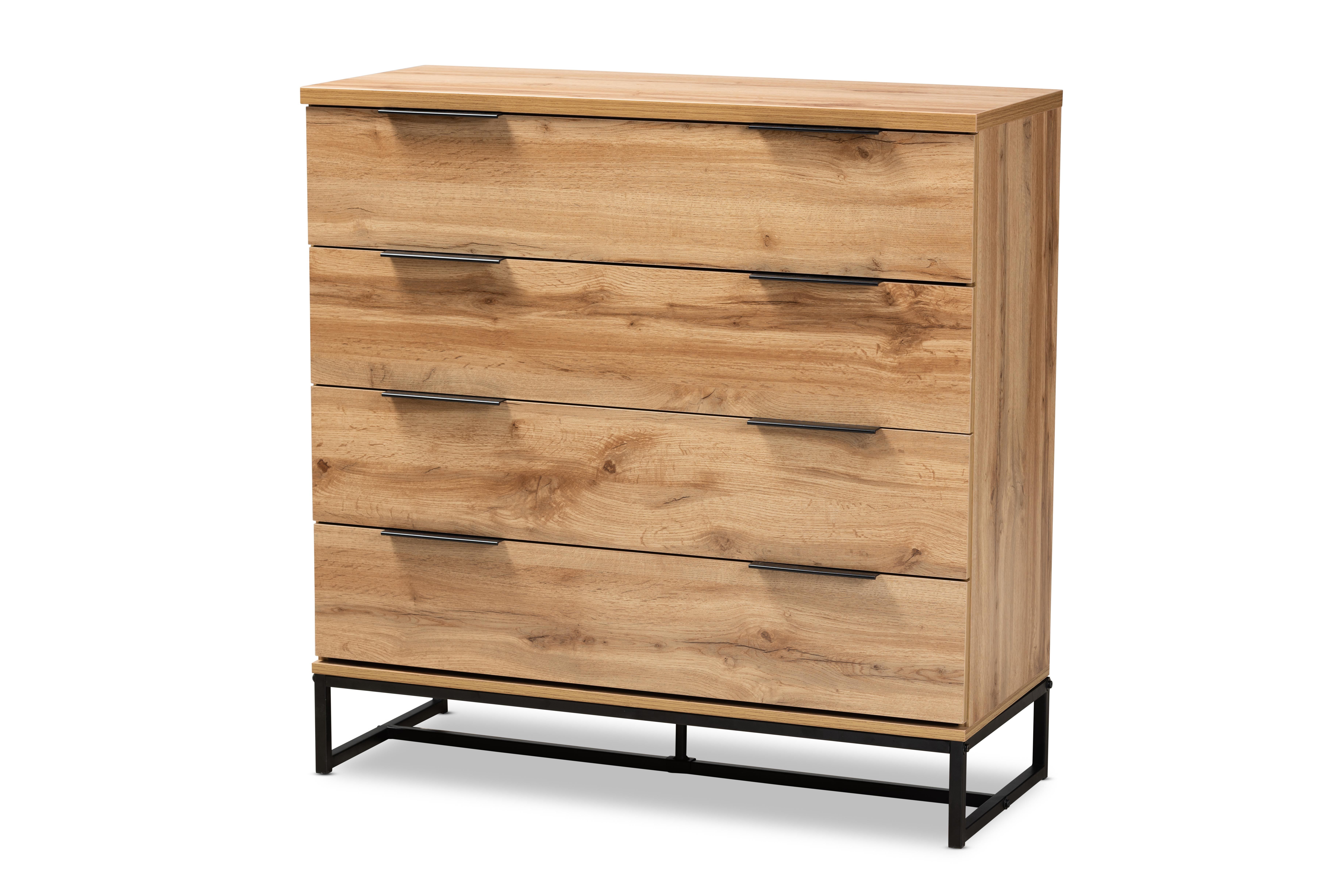 Baxton Studio Reid Modern and Contemporary Industrial Oak Finished Wood and Black Metal 4-Drawer Dresser