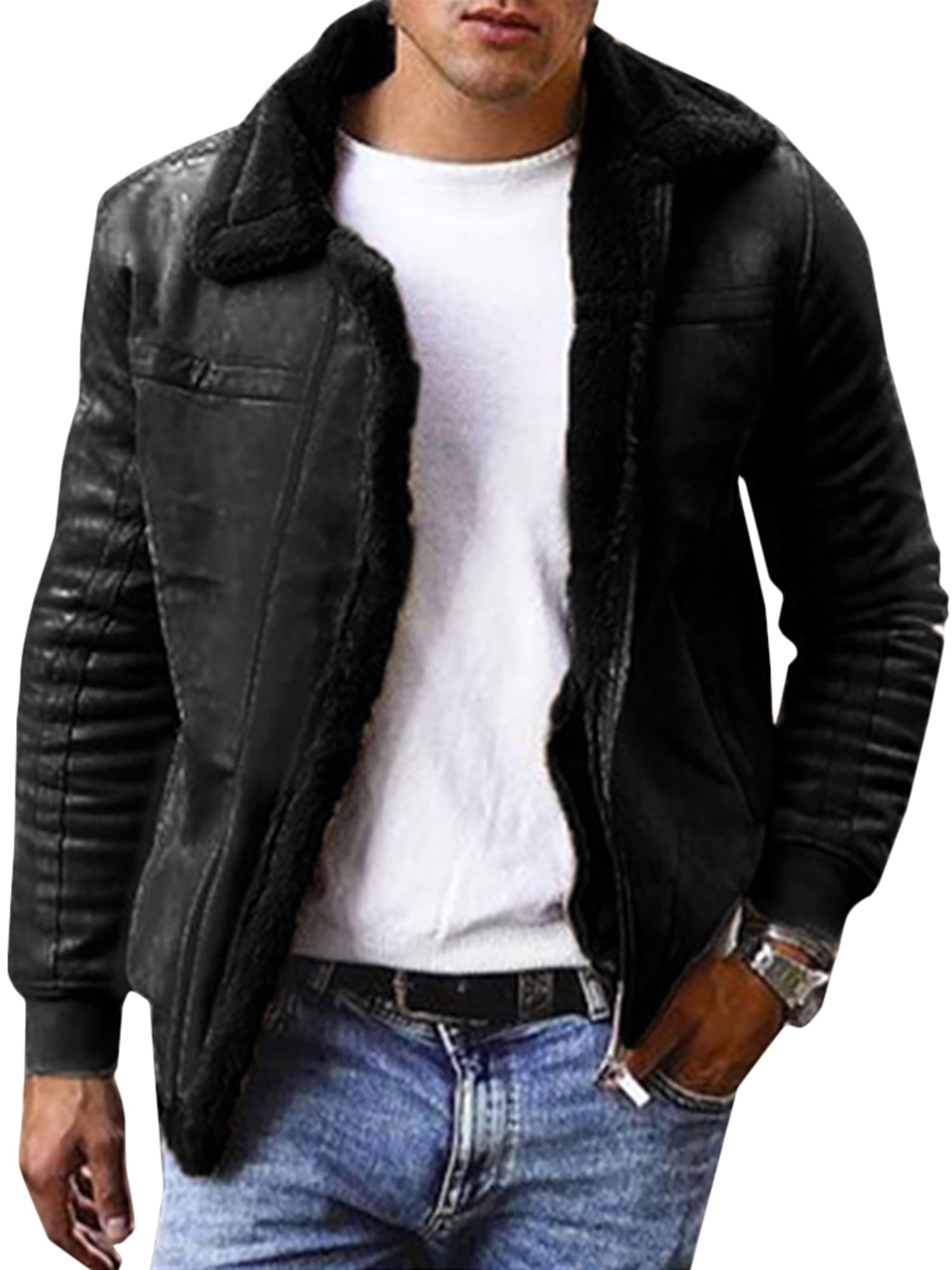 Men's Long Sleeve Jacket Winter Warm Fur Collar Fleece Lined Casual Denim Coat 