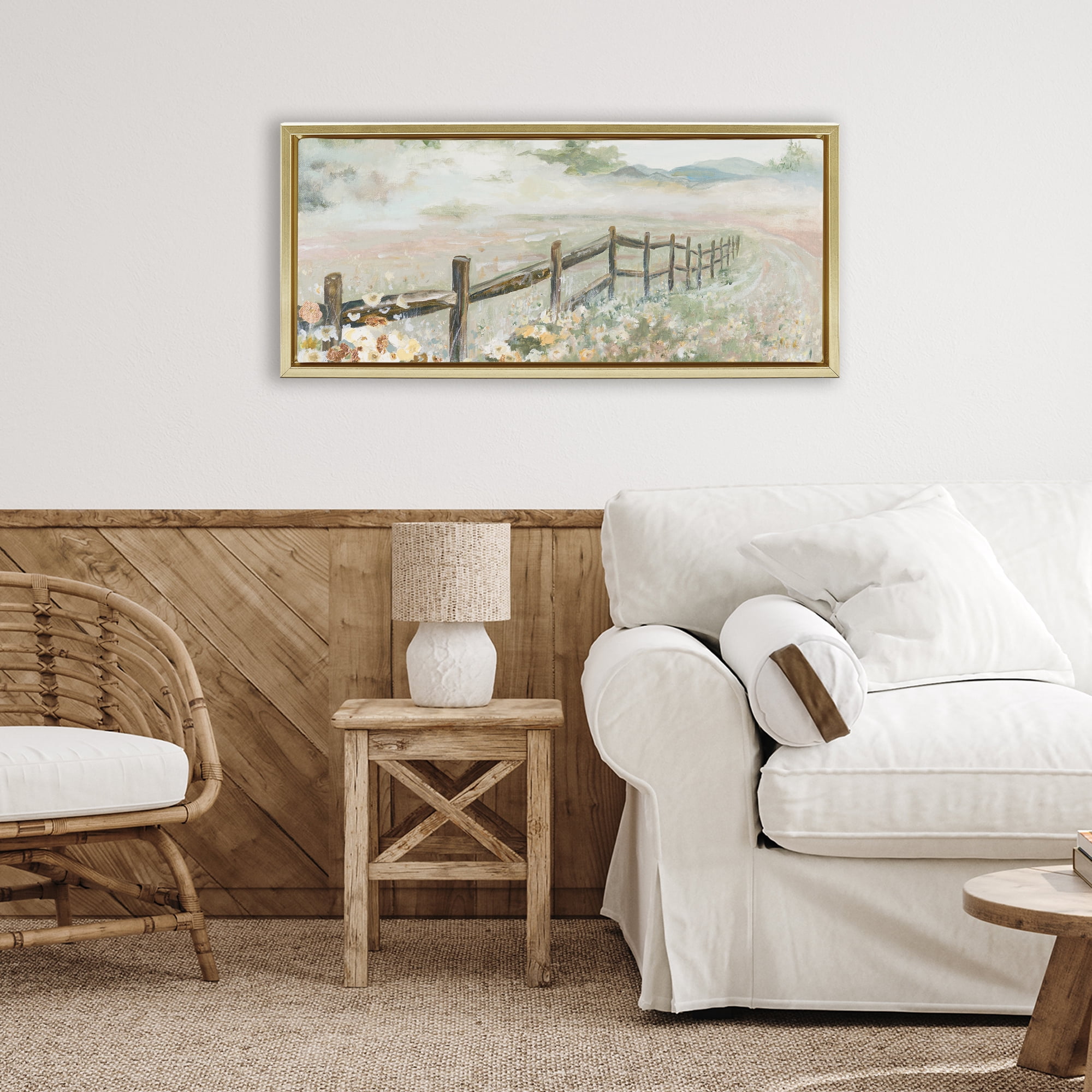 Stupell Industries Soft Fence with Flowers Gold Framed Floater Canvas Wall Art, design by Patricia Pinto