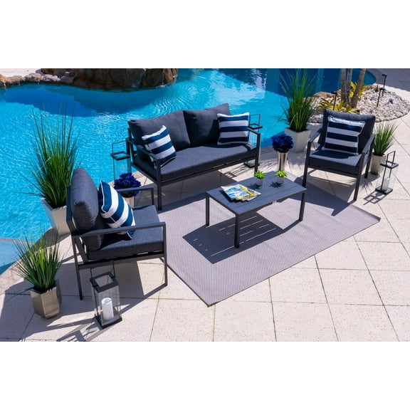 Juno 4 Piece Aluminum Outdoor Patio Furniture Conversation Sofa Set in Charcoal w/ Loveseat, Two Armchairs, and Coffee Table