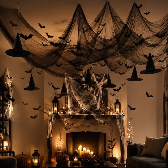 All-In-One Halloween Party Scene Decoration Set with Witch Hats, Creepy Gauze, Spider Web Stickers, Spooky Decor Kit for Home, House, Yard and Halloween Party Decoration, Black