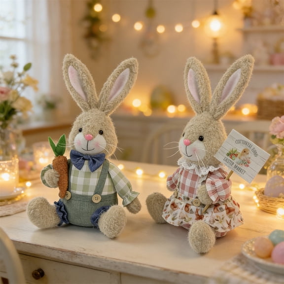 Easter Bunny Holding Carrot Doll Decoration – Cute Bunny Figurine Ornament for Home Party Table Spring Easter Decor