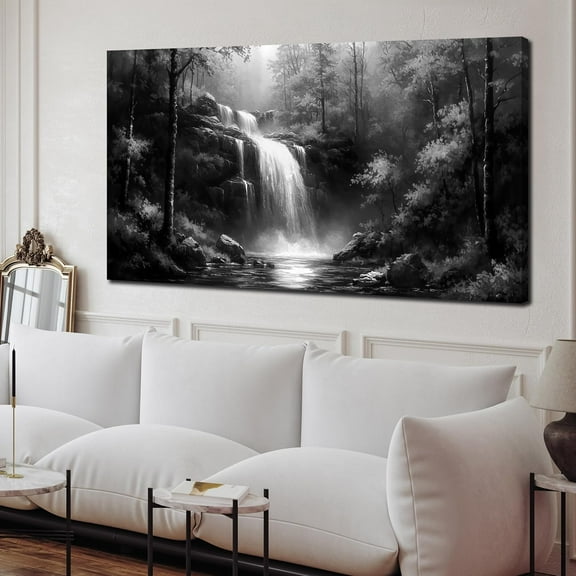 WFSposterBlack and White Pictures Wall Art for Bedroom Waterfall Tree Natural Landscape Wall Art for Living Room Large Size