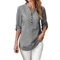 thumbnail image 2 of Warop Women's Plaid Elegant V Neck 3/4 Sleeve Button Down Blouse Shirt with Sleeve Tab for Office Work Daily Wear, 2 of 9