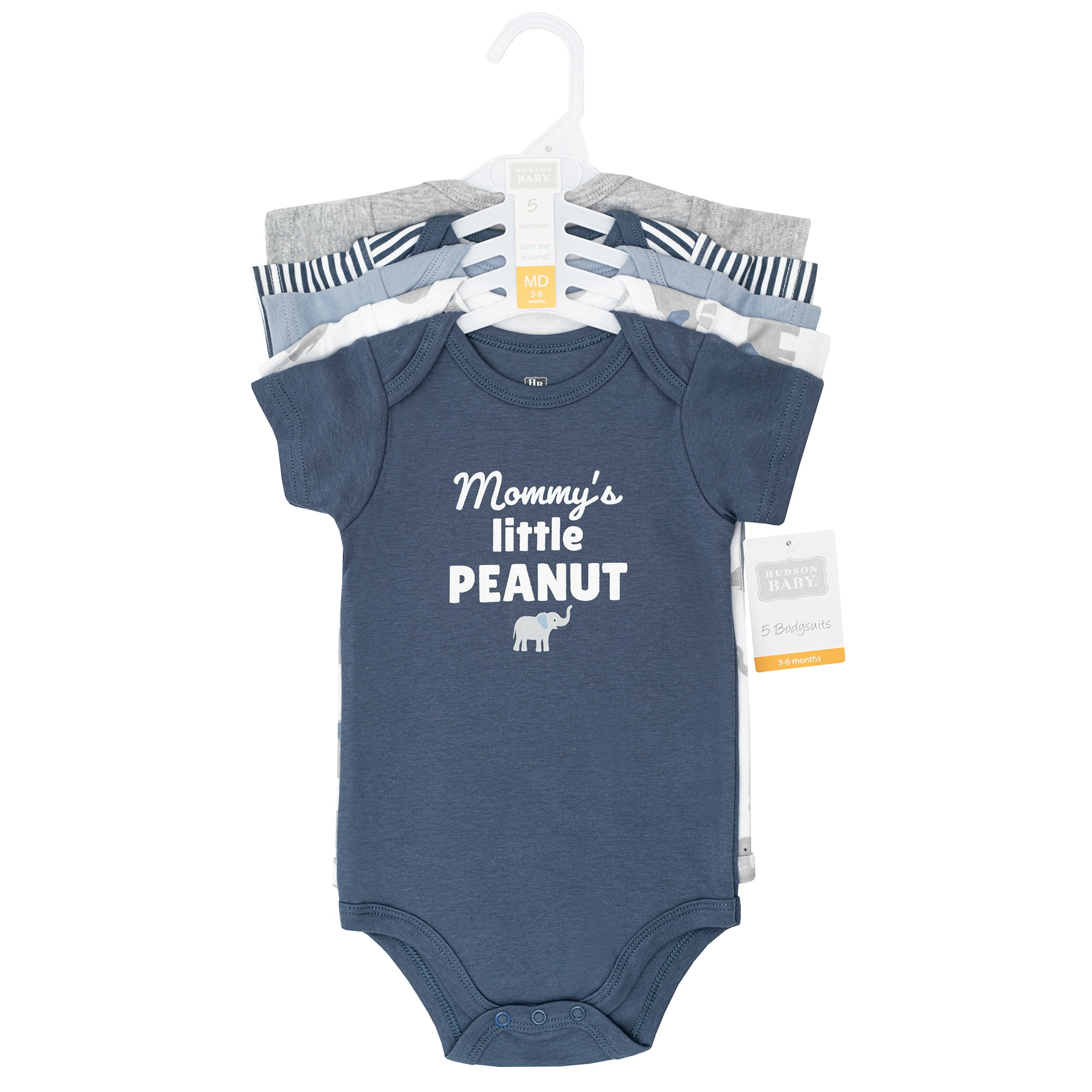 Hudson Baby Infant Boys Cotton Bodysuits 5-Pack, Blue Elephant Peanut, 12-18 Months