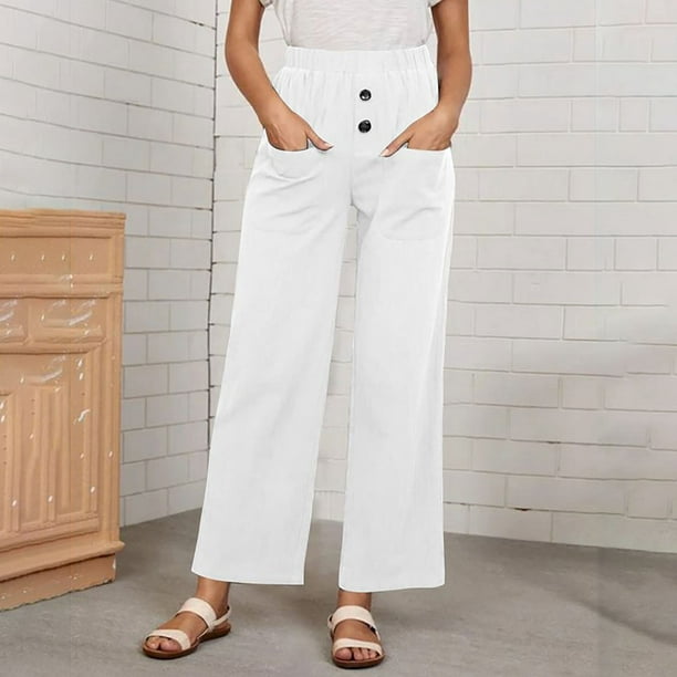 SMihono Linen Pants Women Fashion Plus Size Casual Loose Women's Casual  Slim Button High Elastic Waist Solid Color Cotton Linen Pants With Pocket  Wide