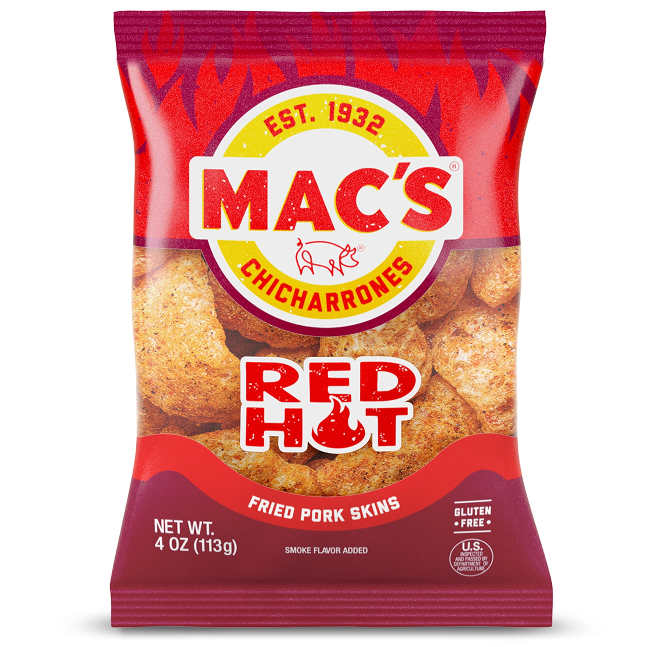 (5 pack) Mac's Hot Chicharrones Pork Rinds, Pork Skins, 4 oz Bag