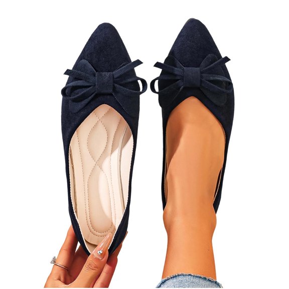 Gpaecead Women's Bow Flat Shoe Pointed Toe Faux Suede Soft Sole Elegant Versatile Comfort Slip On Shoes For Work, Navy