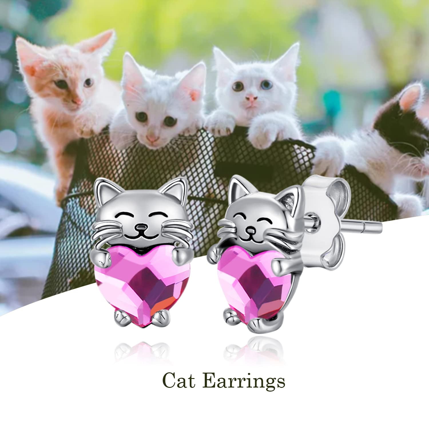 Midir&Etain Cat Love Earrings 925 Sterling Silver Cat Earrings Cute Animal Little Cat Earrings Cat Jewelry Gifts Women's Allergic Earrings Suitable for Sensitive Ears（Pink）