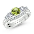 thumbnail image 2 of Gem Stone King 10K White Gold Green Peridot White Created Sapphire and White Lab Grown Diamond 5 Stone Bridal Engagement Wedding Ring Set for Women (0.92 Cttw, Round: 5MM and 3MM, Size 8), 2 of 6