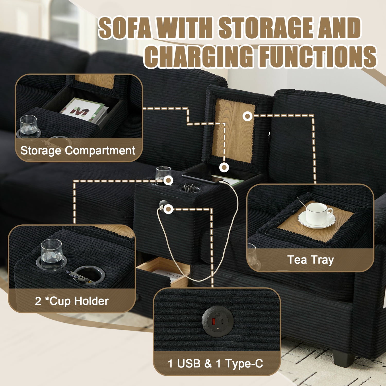 Leumius L-Shaped Sectional Sofa for Living Room,105" Modular 4-Seater Upholstered Sofa Couch with Cup Holder/USB Interface/Storage Box,Black