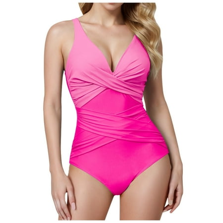 Gibobby Women Tummy Control One Piece Swimsuit Deep V Neck Retro Ruched Push Up Bathing Suit Vintage Padded Full Coverage Swimwear(Pink XXL)