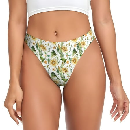 Watercolor Bright Sunflowers Thongs for Women - No Show Seamless Womens Thongs Underwear  Ladies Breathable G String Thongs for Women  Stretch Low Rise Thong Bikini Panties Briefs