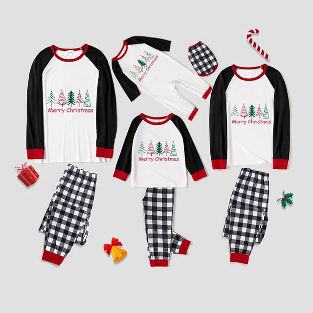 Pijamas familiares a juego de Navidad, conjunto de pijamas blancos de árbol hermoso de Feliz Navidad